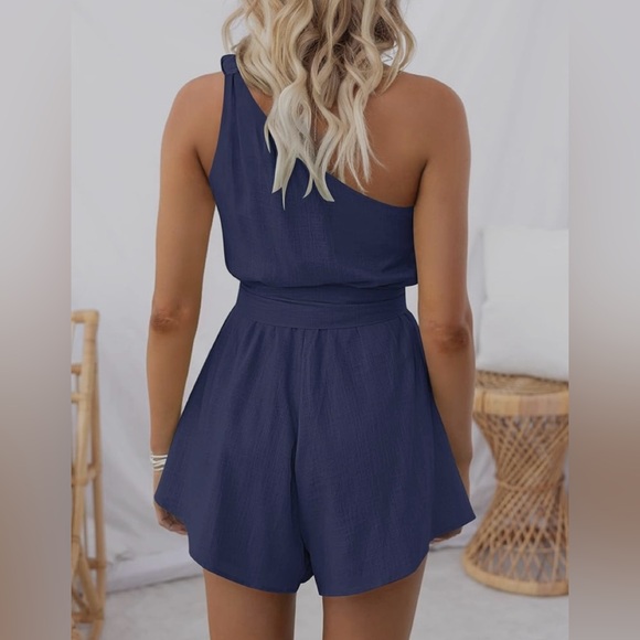 ZESICA Boho Summer Romper One Shoulder Sleeveless Tie Waist  Short Jumpsuit - Picture 2 of 9